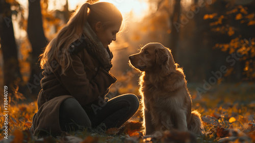 a girl sits next to a dog, a dog is man's best friend, a girl loves and strokes her dog, friends forever