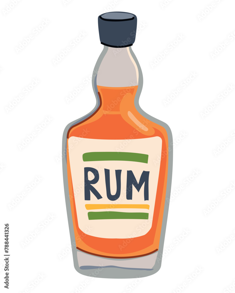 Rum bottle in flat style. Vector illustration of an alcoholic drink on a white background. A drink made from sugar cane, common in the Caribbean, traditional in Jamaica and Cuba. Rum bottle in flat style. Vector illustration of an alcoholic drink on a white background. A drink made from sugar cane, common in the Caribbean, traditional in Jamaica and Cuba.