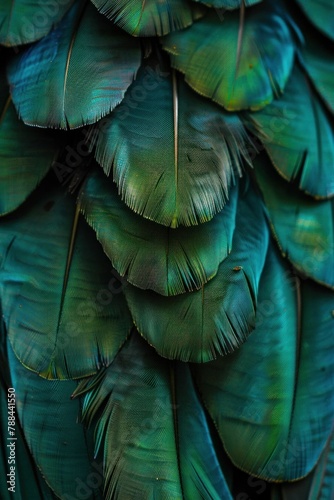 Closeup detailed view of vibrant green parrot feathers on dark black background, exotic tropical bird plumage texture