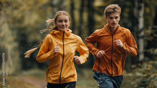 a guy and a girl are running through the park in sportswear, doing fitness in nature