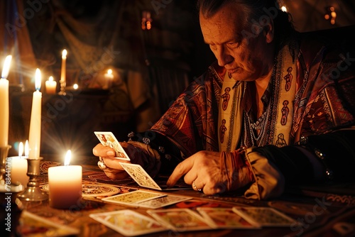 A tarot man reader engrossed in cards, her chamber aglow with myriad candles, a tapestry of enchantment and mysticism around her
