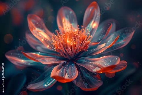 A photo of a single, vibrant flower rendered in an abstract style, focusing on the essence of form and color.
