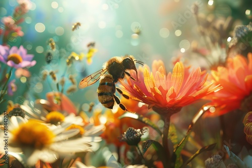 A photorealistic close-up of a bee pollinating a flower in a controlled indoor environment, ensuring consistent crop yields. photo