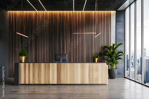 Modern wooden and dark concrete office with panoramic window and city view, reception desk and decorative plant. Lobby concept. 3D Rendering. © Prasanth