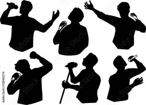 歌を歌うあるいは演説する男性のシルエットイラスト　黒