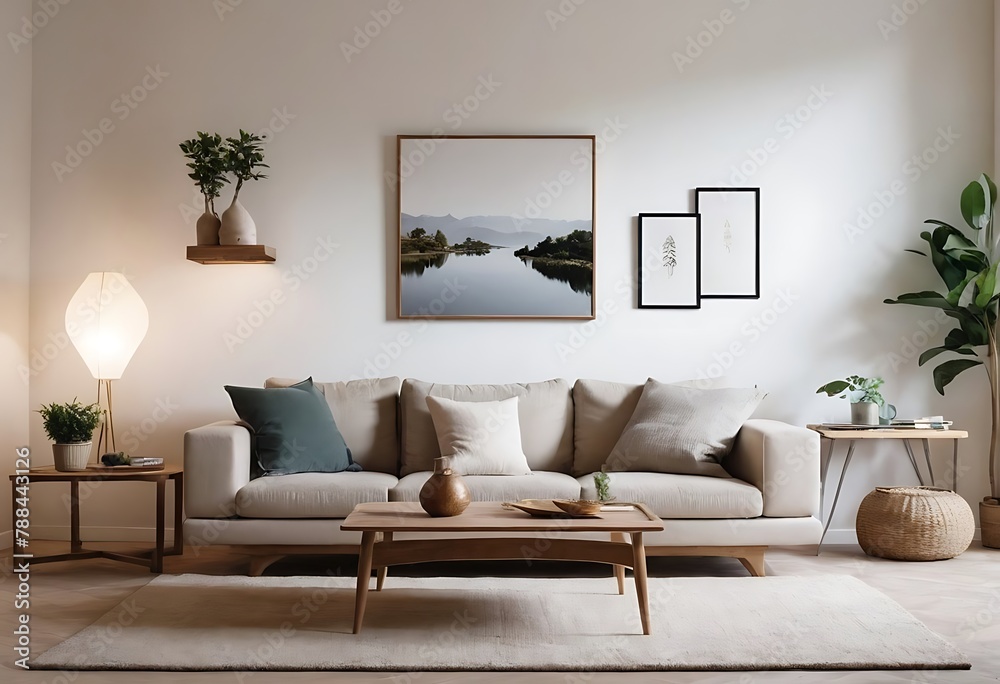 Fototapeta premium Frame mockup, ISO A paper size. Living room wall poster mockup. Interior mockup with house background. Modern interior design. 3D render