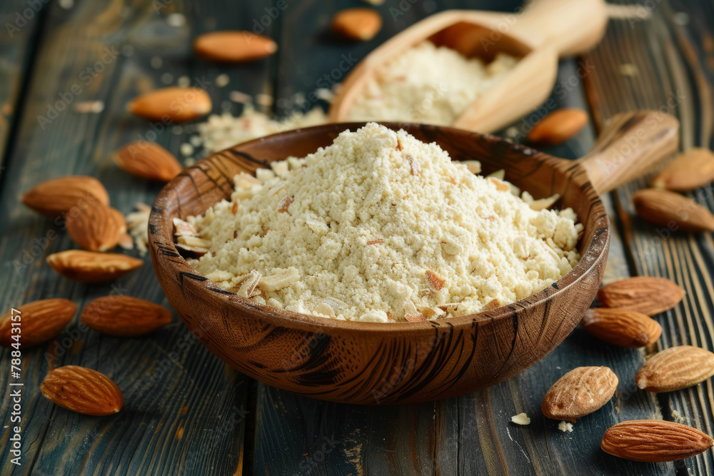 Wooden bowl with almond flour and fresh almonds on a wooden table Wooden bowl with almond flour and fresh almonds on a wooden table
