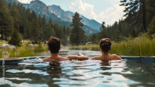 A couple soaking in natural hot springs with scenic views of mountains or forests.