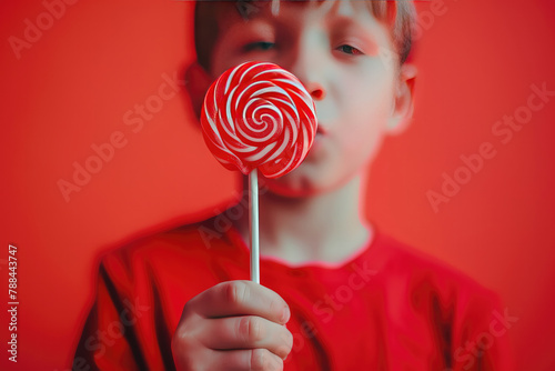 A nostalgic and sugary candy ad with a young boy's grubby hand tightly gripping a swirly red lollipop, captured against a vibrant retro pastel red background under punchy side lighting photo