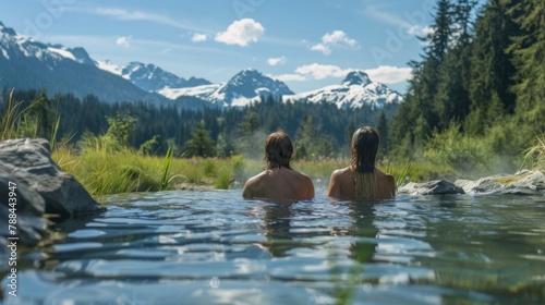 A couple soaking in natural hot springs with scenic views of mountains or forests. 