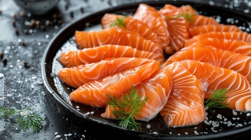 Fresh raw fillet sashimi salmon slices of japanese food on black plate. AI generated image