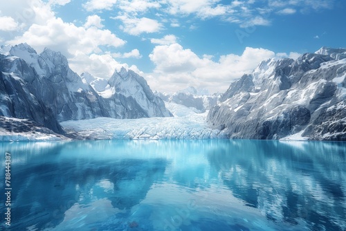 A photorealistic image of a glacier slowly calving into a crystal-clear lake, symbolizing the power and transformative nature of water.