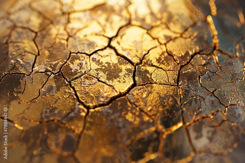 A photorealistic close-up of an abstract painting with textures resembling cracked gold plating, hinting at a bygone era of luxury.