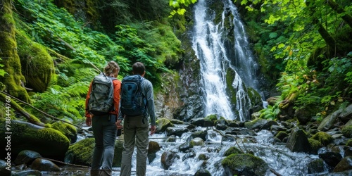 A couple discovering a hidden gem like a secluded waterfall or secret garden during their travel adventure. 