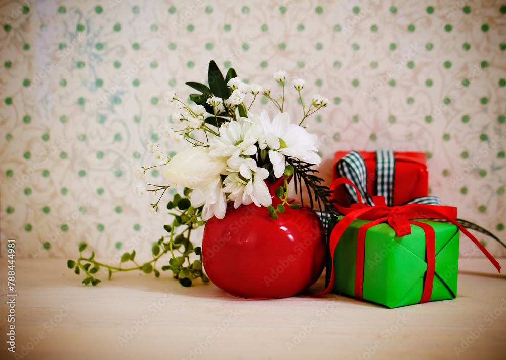 Bouquet of winter flowers with presents - obrazy, fototapety, plakaty 