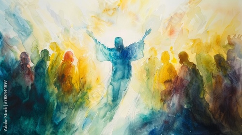Ascension of Christ captured with upward strokes of light watercolors