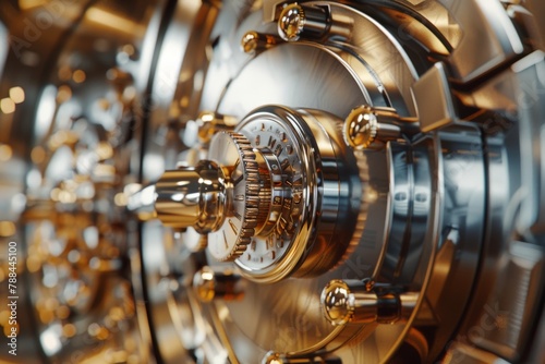 A photorealistic image of a bank vault door, massive and imposing, with a gleaming chrome handle and a complex combination lock. 3D rendering.
