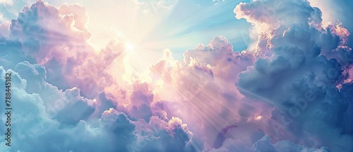 Softly blended watercolor clouds with rays of divine light piercing through