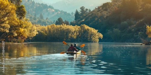 A couple kayaking together on a tranquil river or lake with stunning natural scenery.