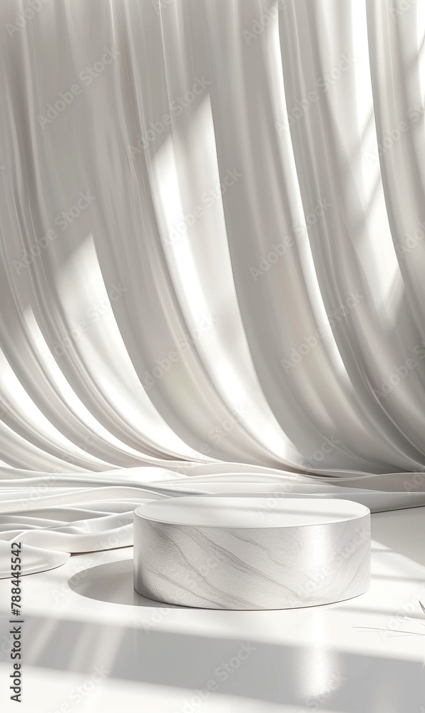 An elegant white pedestal is highlighted by the soft, natural light filtering through draped curtains An elegant white pedestal is highlighted by the soft, natural light filtering through draped curtains