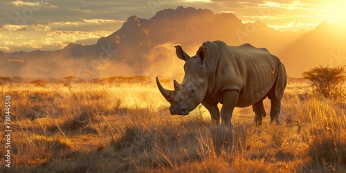 A rhinoceros standing alone  the savanna grasses waving gently in the evening breeze  with the backdrop of a sun-kissed mountain range.