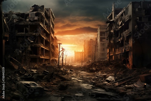 Ravaged Destroyed city buildings. Street war invasion. Generate AI © juliars