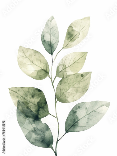 Ai Generated Art Watercolor Abstract Leaves Branch against White Background in Pastel Sage Green Colors