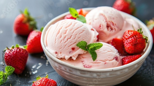Ice cream with strawberries fruits and mint leaves on white bowl for summer dessert. AI generated
