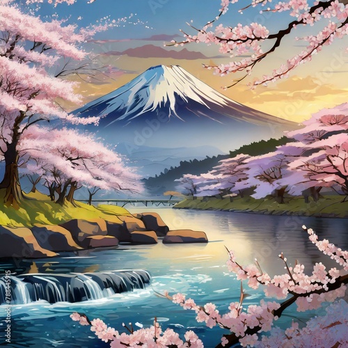 富士山と桜と川のイラスト