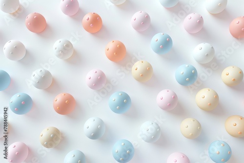 A playful polka dot pattern in a variety of pastel colors on a crisp white background.