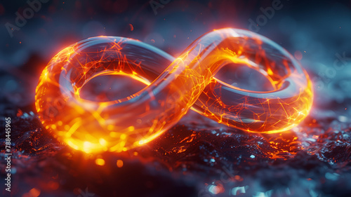 This image features an infinity symbol ablaze with a fiery glow, set against a dark, textured background, symbolizing infinite energy and perpetual motion photo