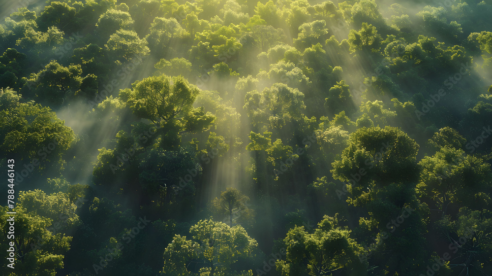 Aerial View of Lush Forest Bathed in Sunlight, Perfect for Eco-Tourism and Nature Backgrounds Aerial View of Lush Forest Bathed in Sunlight, Perfect for Eco-Tourism and Nature Backgrounds