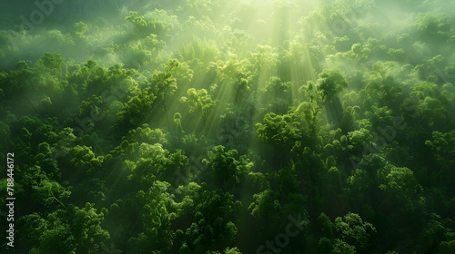 Aerial View of Lush Forest Bathed in Sunlight  Perfect for Eco-Tourism and Nature Backgrounds