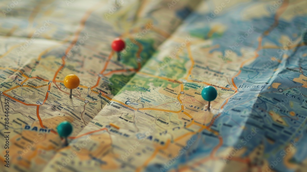 A close-up of a road map with highlighted routes and destinations for the family road trip. A close-up of a road map with highlighted routes and destinations for the family road trip.