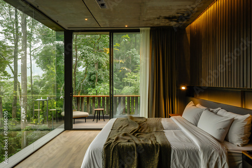 modern minimalist hotel for a relaxing vacation. Retreat hotel in the forest with a beautiful and peaceful view for privacy with yourself