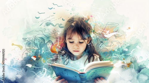 A child lost in imagination, book in hand