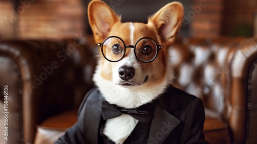 A debonair dog dressed in a tuxedo suit and round glasses © Xyeppup