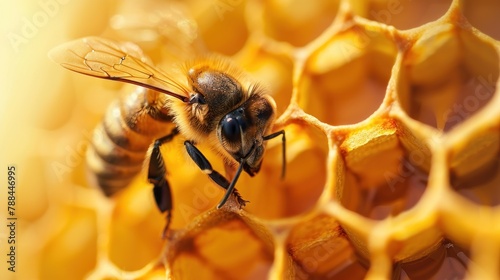 Macro closeup view a working bee in a honeycomb to make honey. AI generated image
