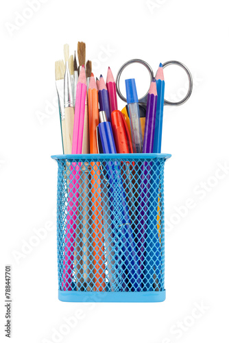 Colored pencils and various school supplies in a metal holder or cup. Isolated from the background	