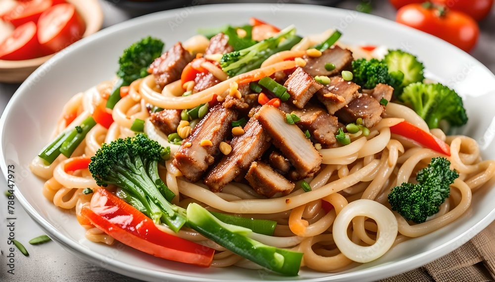 Udon stir fry noodles with pork meat and vegetables in a white plate
 - obrazy, fototapety, plakaty 