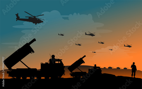 Vektor Silhouette Flugabwehr - Raketensystem - Panzer und Hubschrauber - Feuerleitstand zur Abwehr von Raketen, Drohnen, Flugzeugen, Marschflugkörpern und ballistischen Raketen - Konflikt