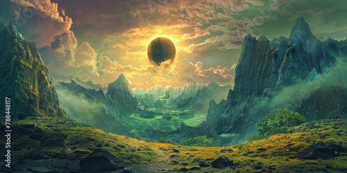 A digital painting of a fantasy landscape with a partial solar eclipse as the central focus.  photo