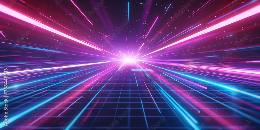 A retro synthwave background with neon grid lines and purple, blue and pink light rays. '80s aesthetic with glowing geometric patterns and grid structures. Retro Sci-Fi Background Futuristic Grid A retro synthwave background with neon grid lines and purple, blue and pink light rays. '80s aesthetic with glowing geometric patterns and grid structures. Retro Sci-Fi Background Futuristic Grid