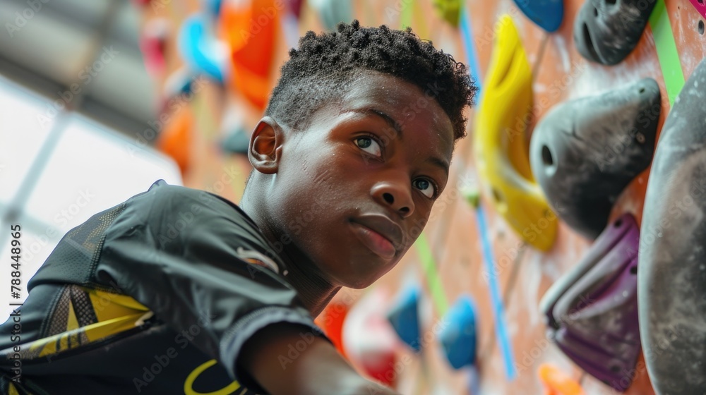 A focused young climber on an indoor climbing wall A focused young climber on an indoor climbing wall