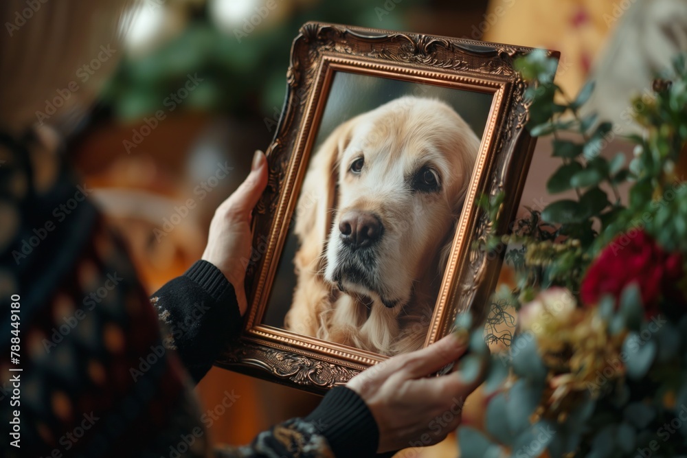 Woman holding frame with picture of dog. Pet funeral - obrazy, fototapety, plakaty 