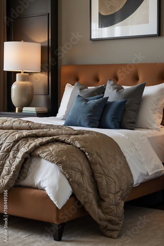 Luxuriöses Schlafzimmer mit edler Bettwäsche, Lederkopfteil und stilvollen Dekorationsaccessoires für ein modernes Zuhause photo