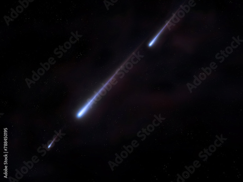 Bolides against the background of the night sky. A Fireballs in the upper atmosphere. Shooting stars, meteor trails.