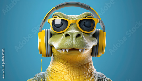 Chill crocodile rocking sunglasses and headphones, a blend of prehistoric vibes with modern swag on a cool blue background.