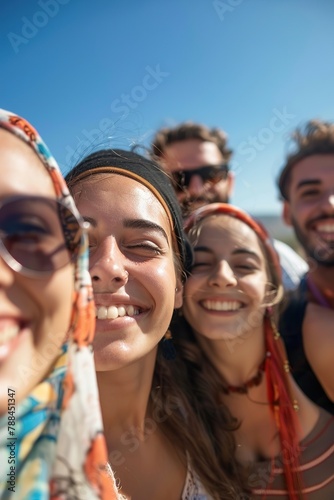 Lively group selfie featuring friends of various races and ages, having a great time outdoors on a sunny day