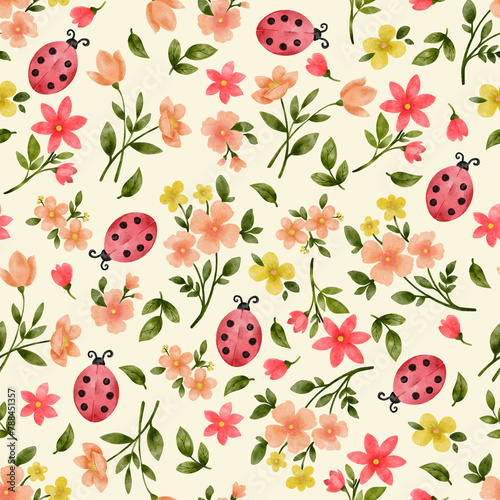 Seamless pattern with watercolor hand draw floral. Simple wildflowers, leaves, isolated on colored background.